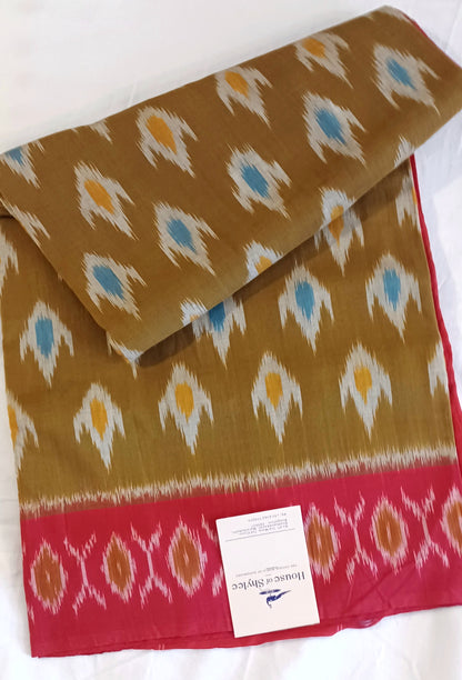 Mustard brown with red border Pochampally Ikkat Tie and Dye Cotton Saree