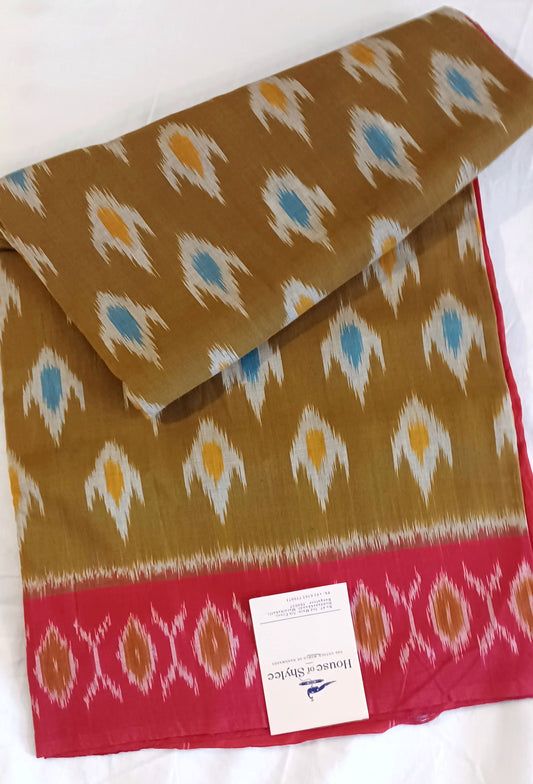 Mustard brown with red border Pochampally Ikkat Tie and Dye Cotton Saree