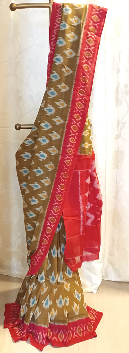 Mustard brown with red border Pochampally Ikkat Tie and Dye Cotton Saree