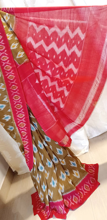 Mustard brown with red border Pochampally Ikkat Tie and Dye Cotton Saree
