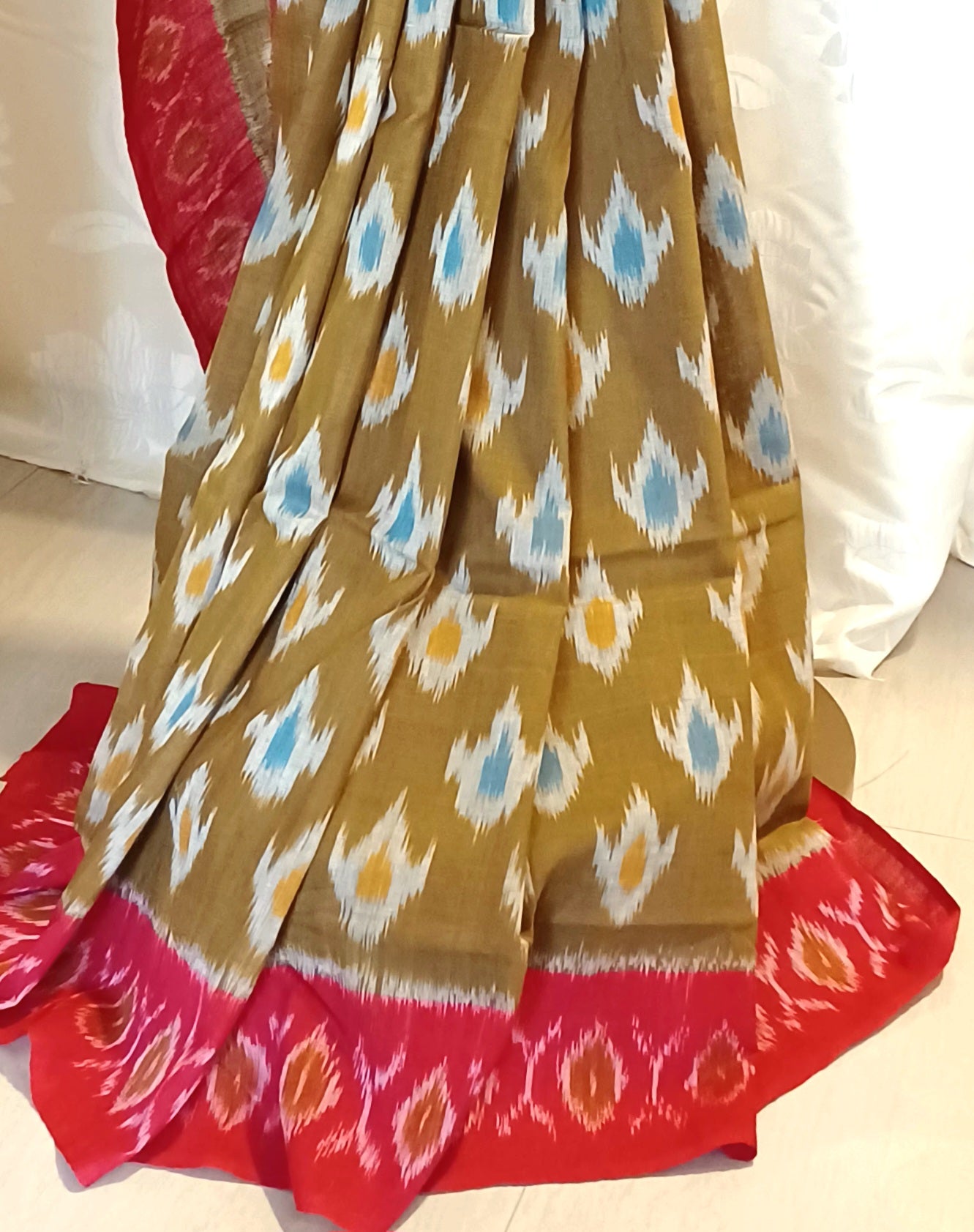 Mustard brown with red border Pochampally Ikkat Tie and Dye Cotton Saree