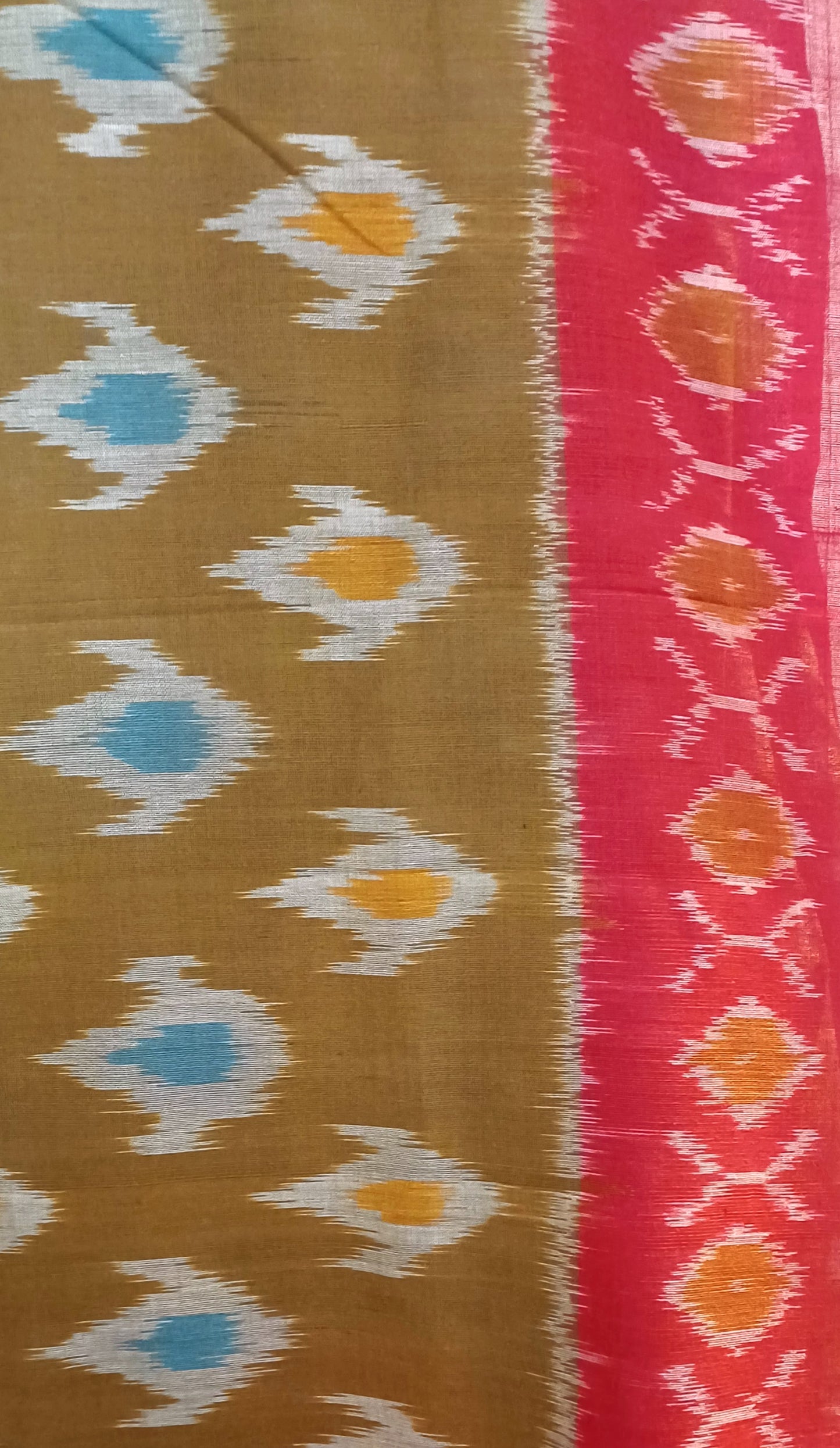 Mustard brown with red border Pochampally Ikkat Tie and Dye Cotton Saree