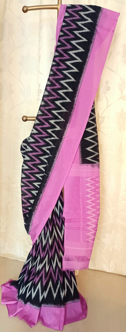Black with Magenta Pochampally Ikkat Tie and Dye Cotton Saree