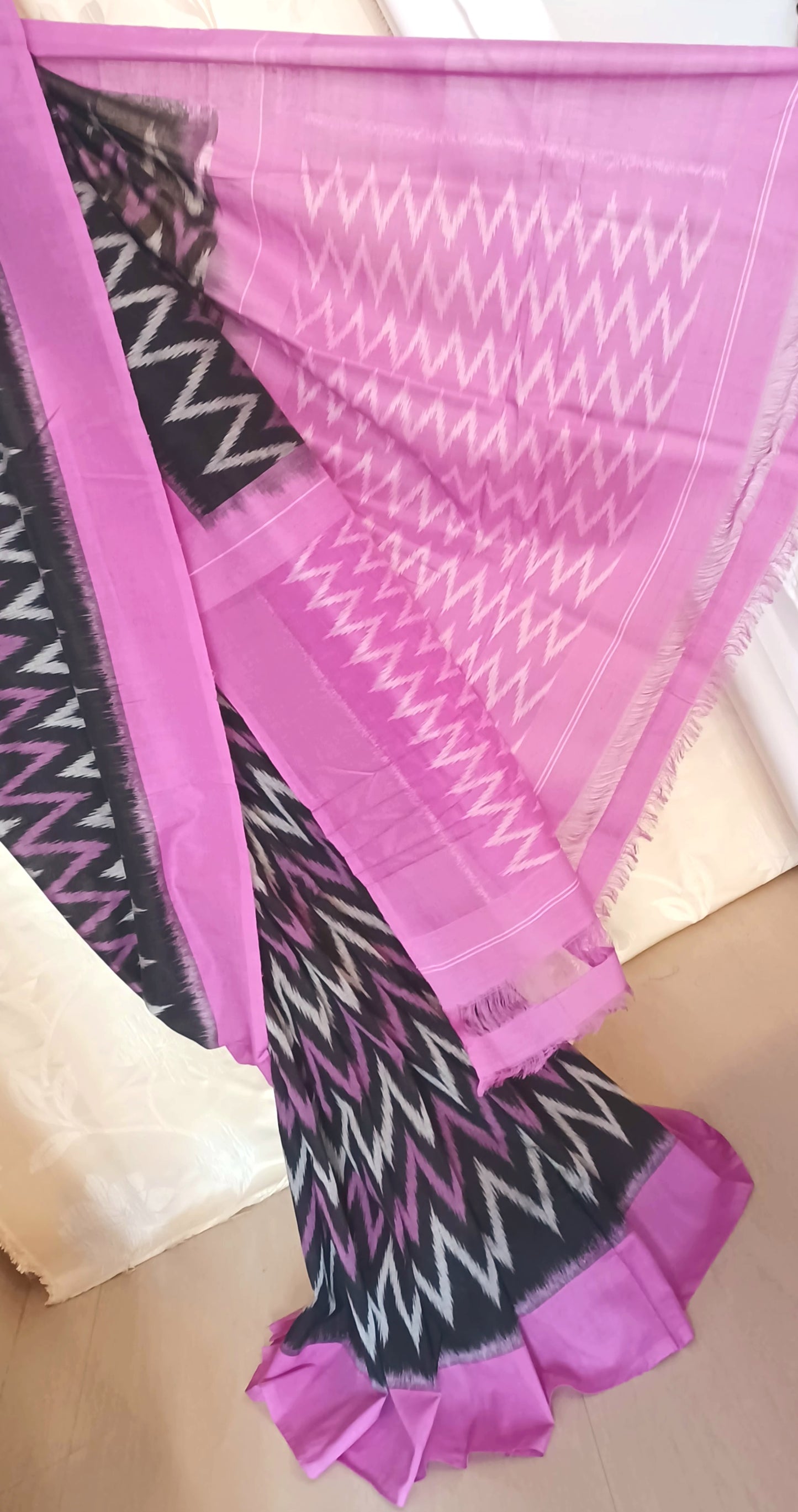 Black with Magenta Pochampally Ikkat Tie and Dye Cotton Saree