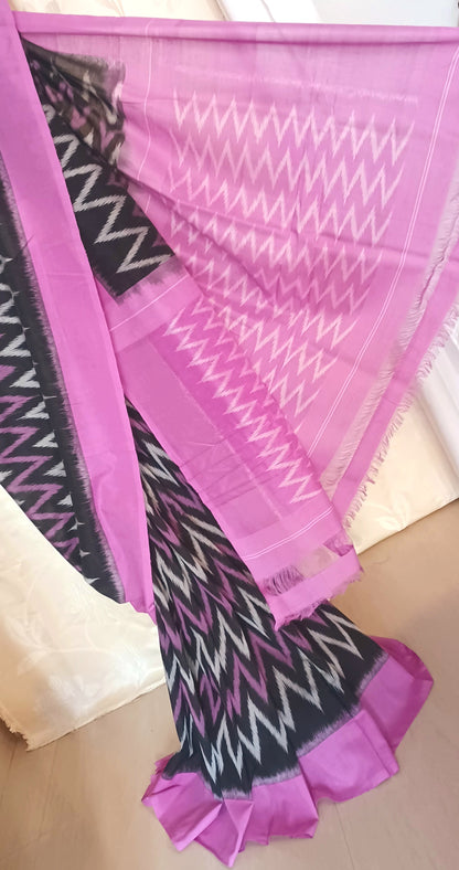 Black with Magenta Pochampally Ikkat Tie and Dye Cotton Saree