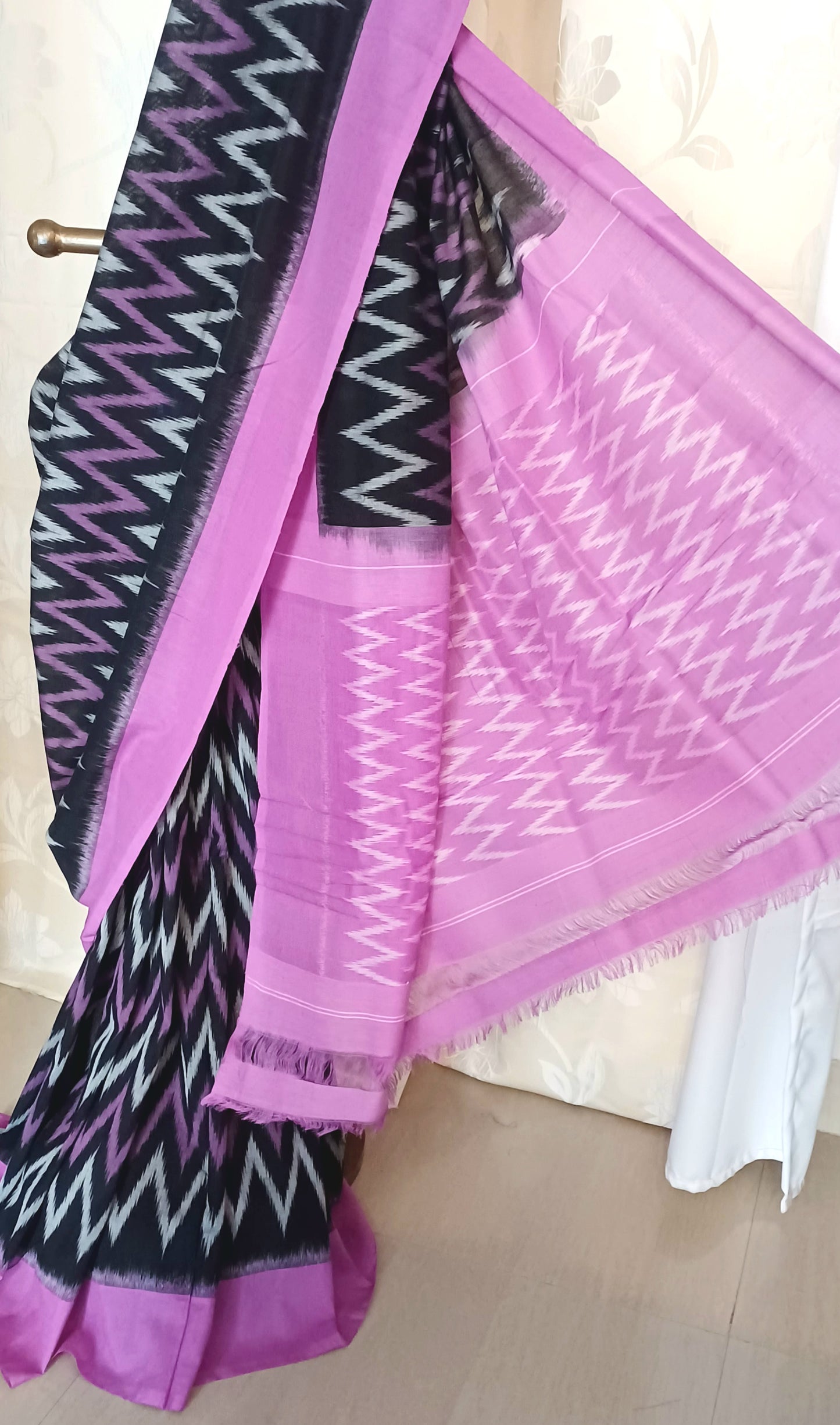 Black with Magenta Pochampally Ikkat Tie and Dye Cotton Saree