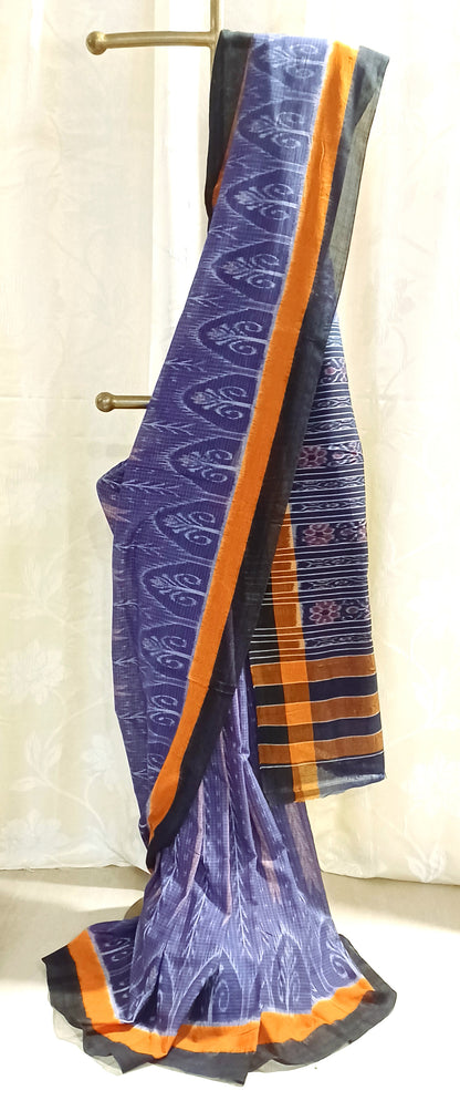 Indigo (Purplish Blue) with Black Orissa Ikkat Tie and Dye Cotton Saree