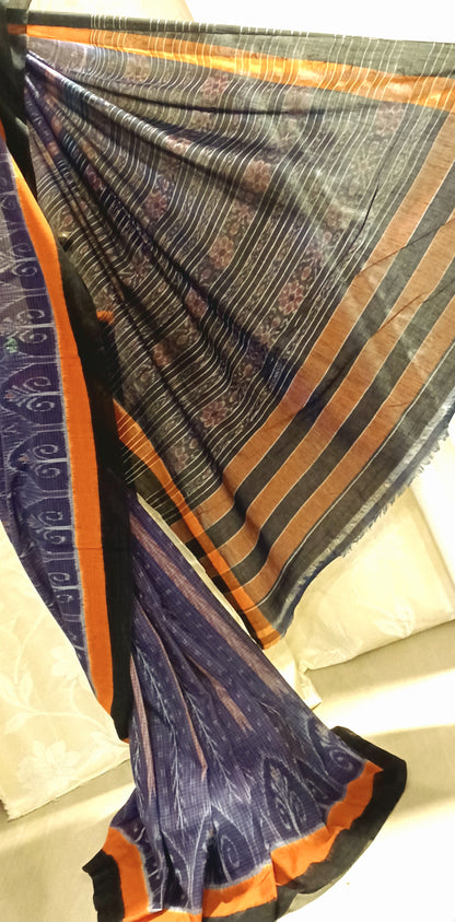 Indigo (Purplish Blue) with Black Orissa Ikkat Tie and Dye Cotton Saree