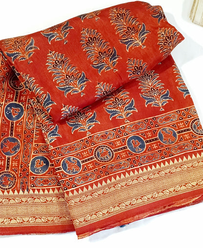 Red and Indigo Dola Silk Ajrakh print saree