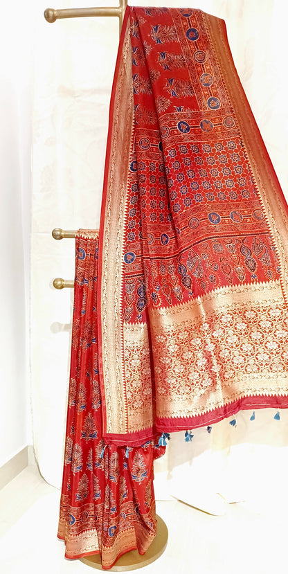 Red and Indigo Dola Silk Ajrakh print saree
