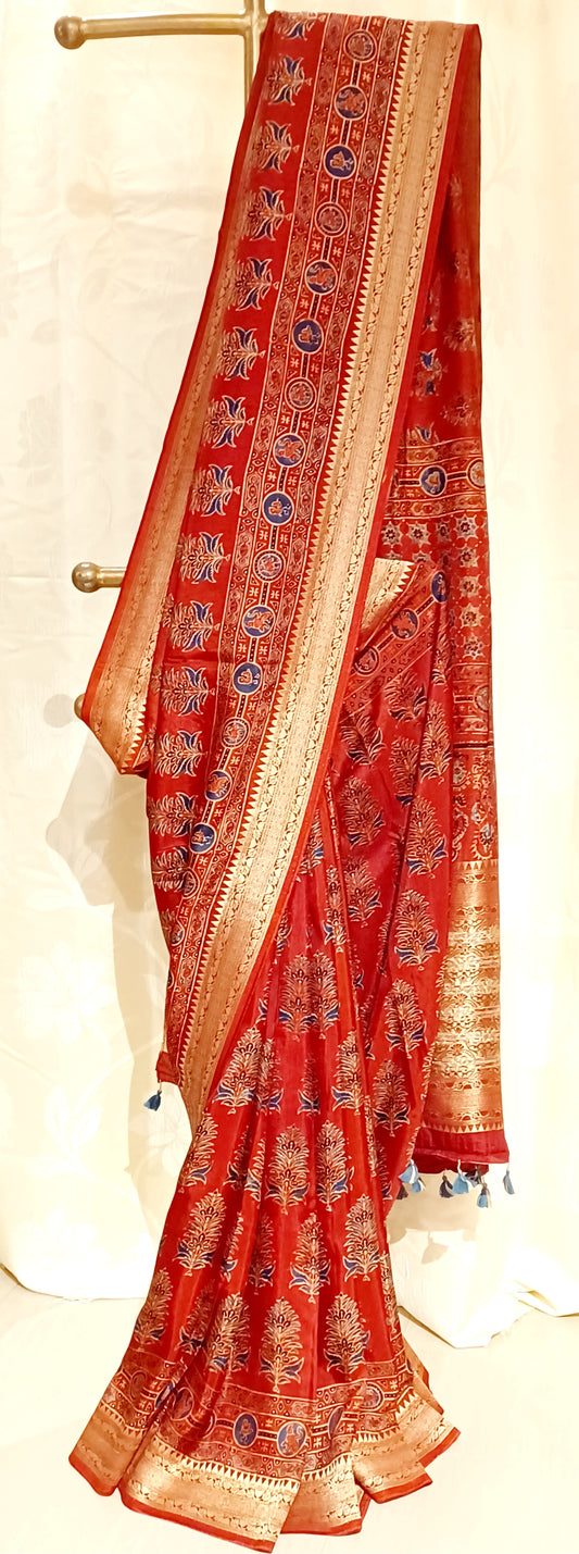 Red and Indigo Dola Silk Ajrakh print saree