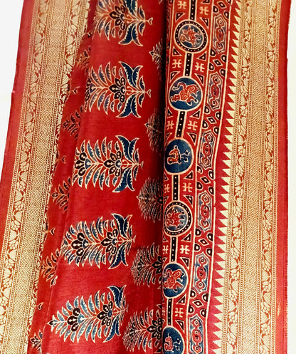 Red and Indigo Dola Silk Ajrakh print saree