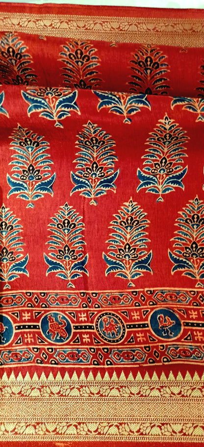 Red and Indigo Dola Silk Ajrakh print saree