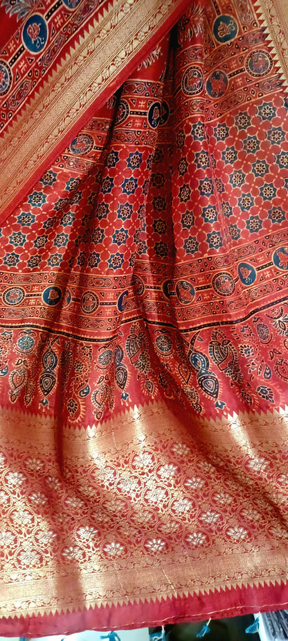 Red and Indigo Dola Silk Ajrakh print saree