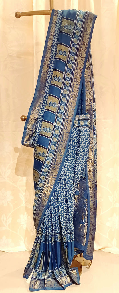 Indigo Blue Dola Silk Ajrakh print saree