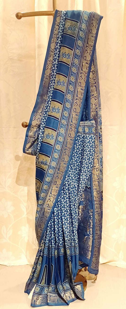 Indigo Blue Dola Silk Ajrakh print saree