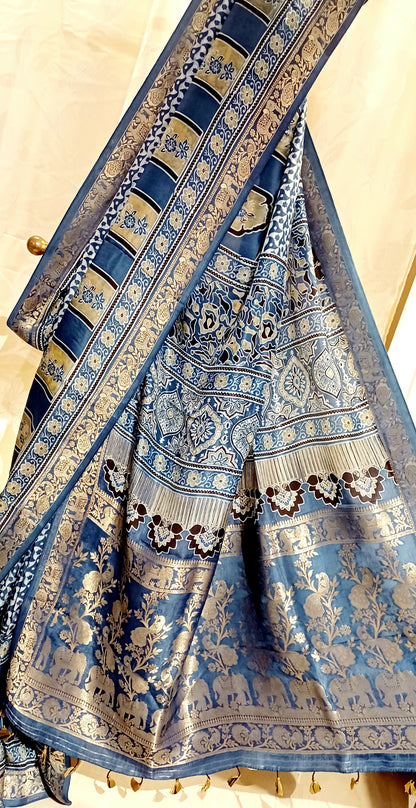 Indigo Blue Dola Silk Ajrakh print saree