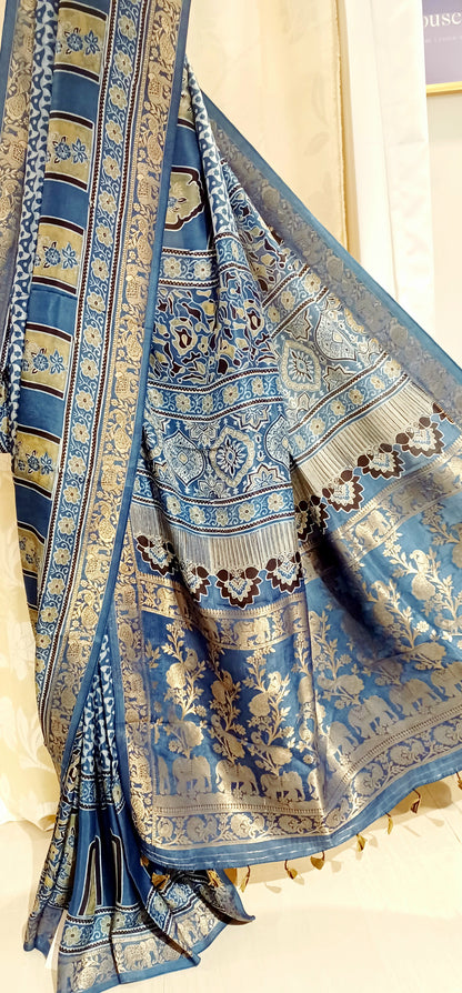 Indigo Blue Dola Silk Ajrakh print saree