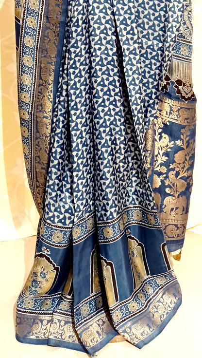 Indigo Blue Dola Silk Ajrakh print saree
