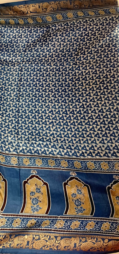 Indigo Blue Dola Silk Ajrakh print saree