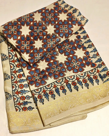 Off-white Dola Silk with Indigo and Red Ajrakh print saree