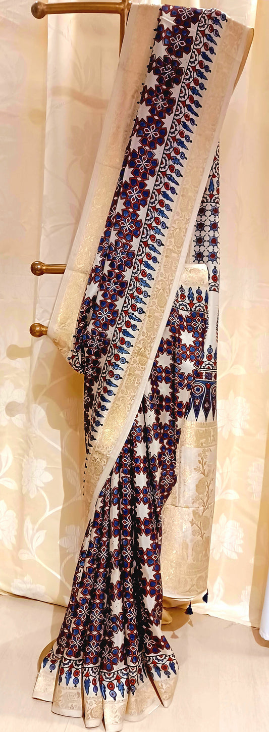 Off-white Dola Silk with Indigo and Red Ajrakh print saree