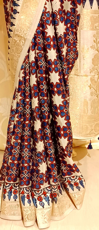 Off-white Dola Silk with Indigo and Red Ajrakh print saree