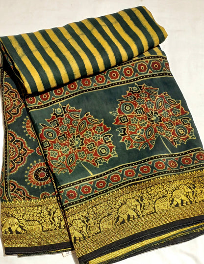 Dark Green and yellow Dola Silk Ajrakh print saree