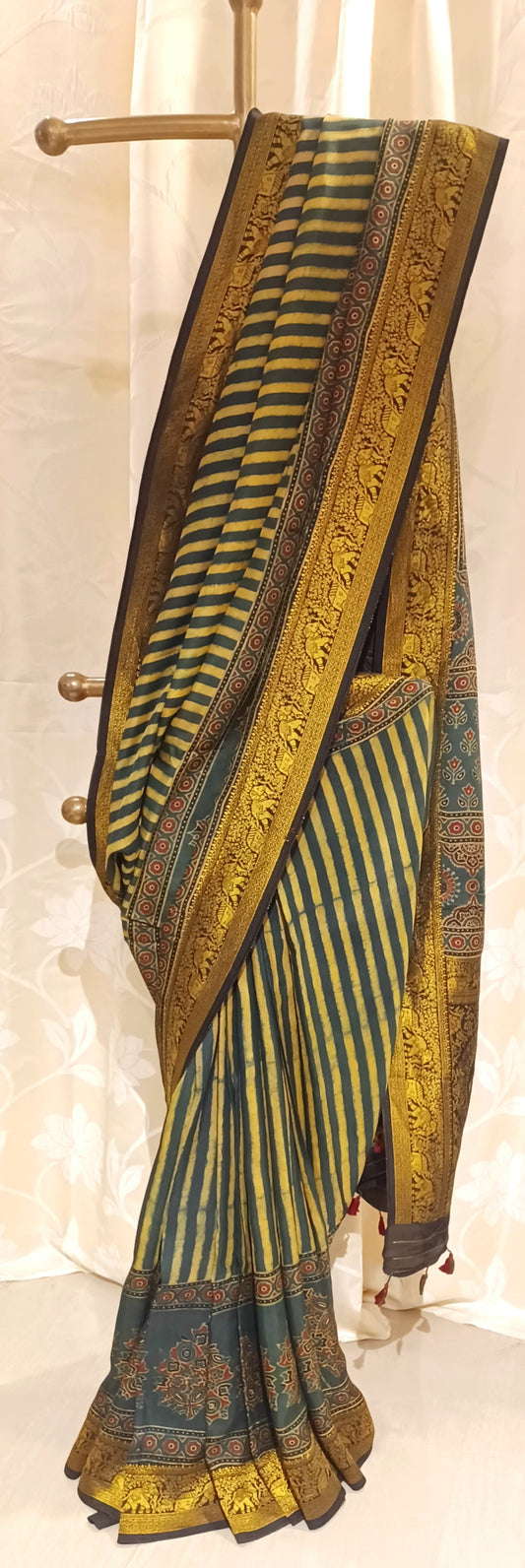 Dark Green and yellow Dola Silk Ajrakh print saree