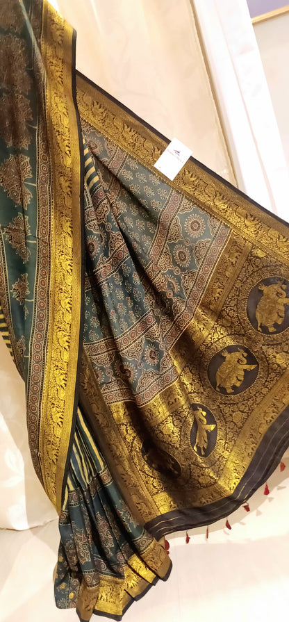 Dark Green and yellow Dola Silk Ajrakh print saree