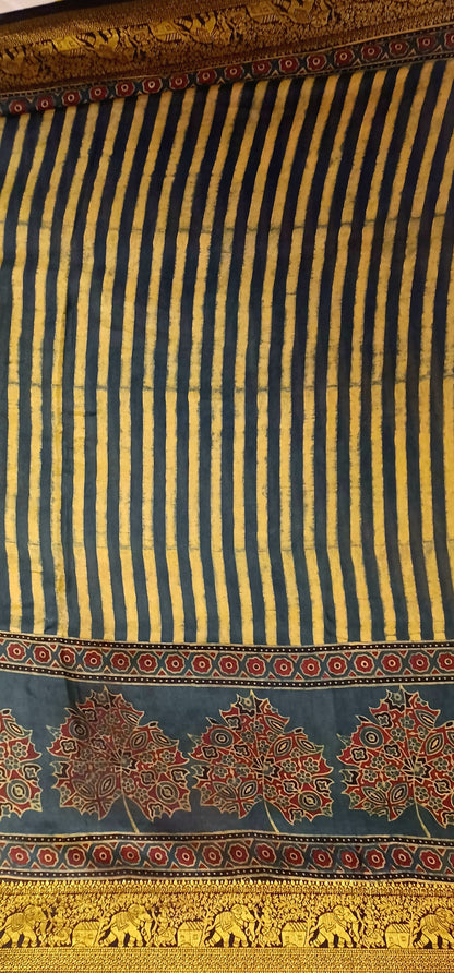 Dark Green and yellow Dola Silk Ajrakh print saree