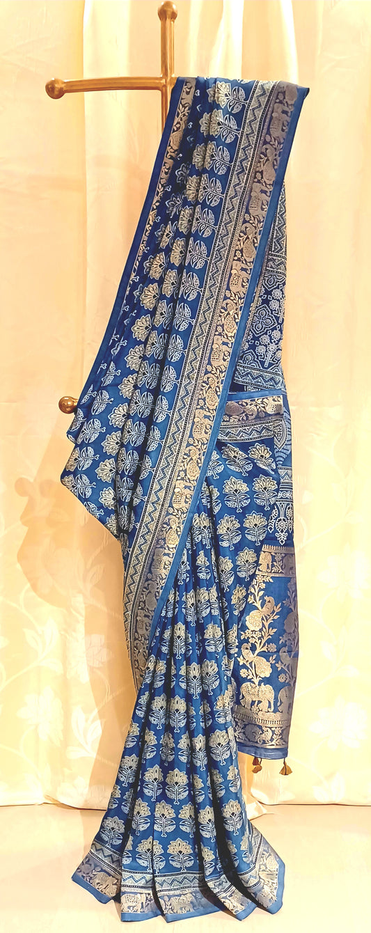 Indigo Blue Dola Silk Ajrakh print saree
