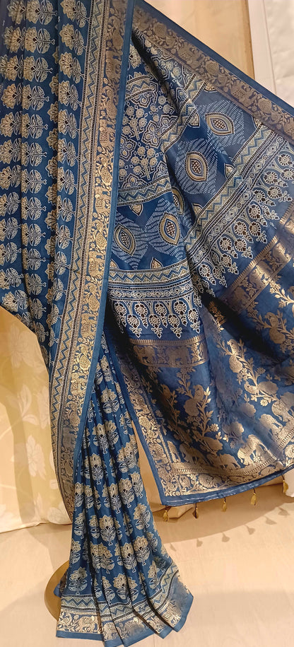 Indigo Blue Dola Silk Ajrakh print saree