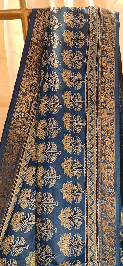 Indigo Blue Dola Silk Ajrakh print saree