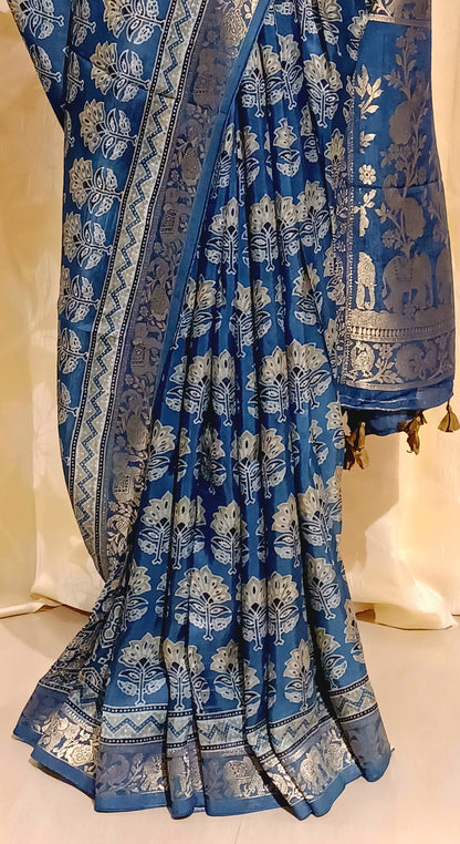 Indigo Blue Dola Silk Ajrakh print saree