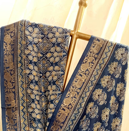 Indigo Blue Dola Silk Ajrakh print saree