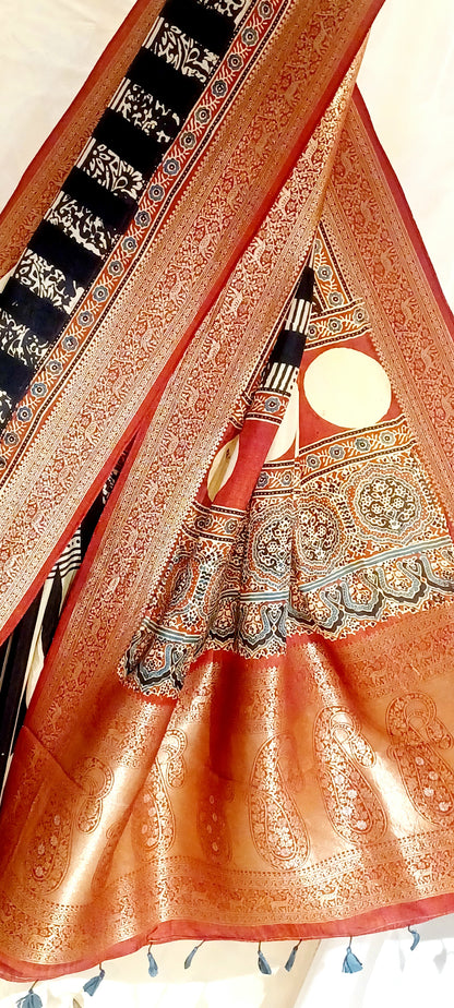 Black with Red border Dola Silk Ajrakh print saree