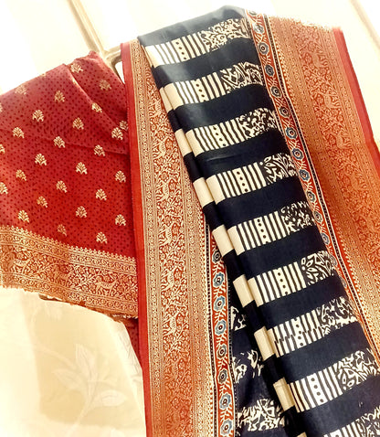 Black with Red border Dola Silk Ajrakh print saree
