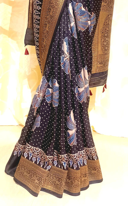 Black Dola Silk Ajrakh print saree