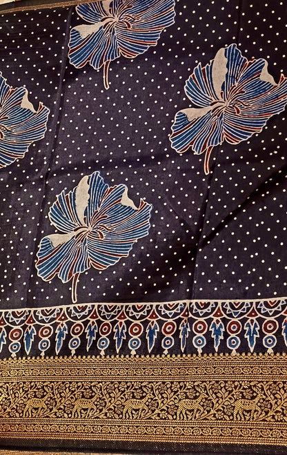 Black Dola Silk Ajrakh print saree