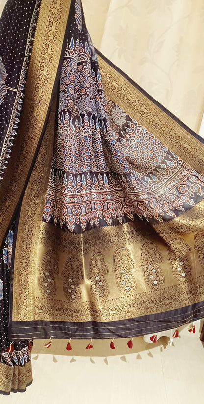 Black Dola Silk Ajrakh print saree