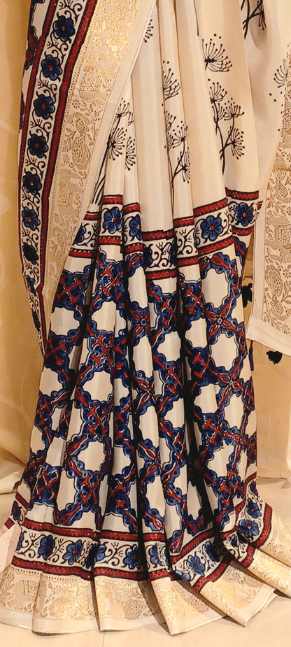 Off-white Dola Silk with Indigo and Red Ajrakh print saree