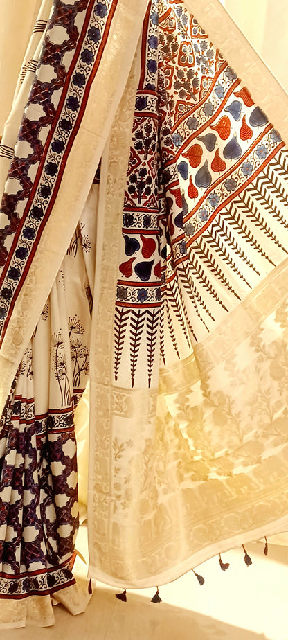 Off-white Dola Silk with Indigo and Red Ajrakh print saree