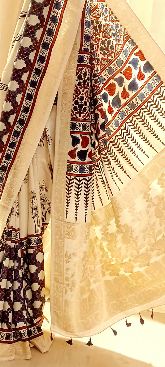 Off-white Dola Silk with Indigo and Red Ajrakh print saree