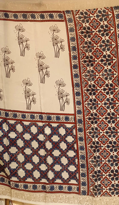 Off-white Dola Silk with Indigo and Red Ajrakh print saree