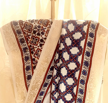 Off-white Dola Silk with Indigo and Red Ajrakh print saree