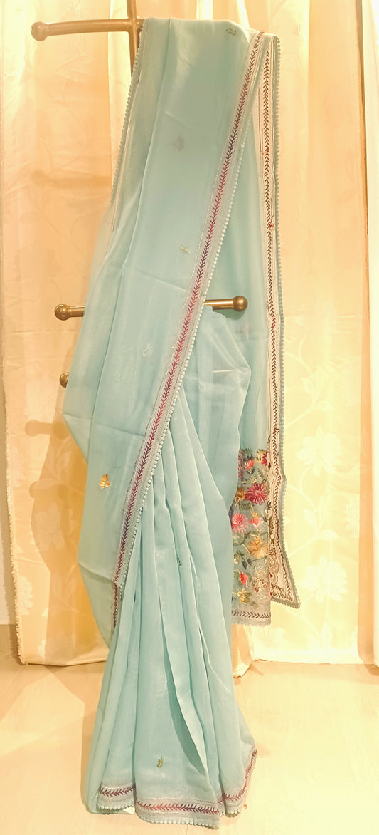 Mint blue Soft Tissue Chanderi Saree