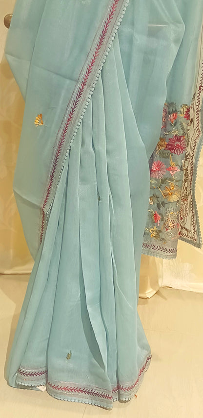 Mint blue Soft Tissue Chanderi Saree