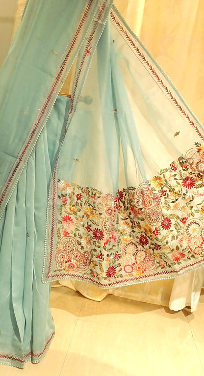 Mint blue Soft Tissue Chanderi Saree