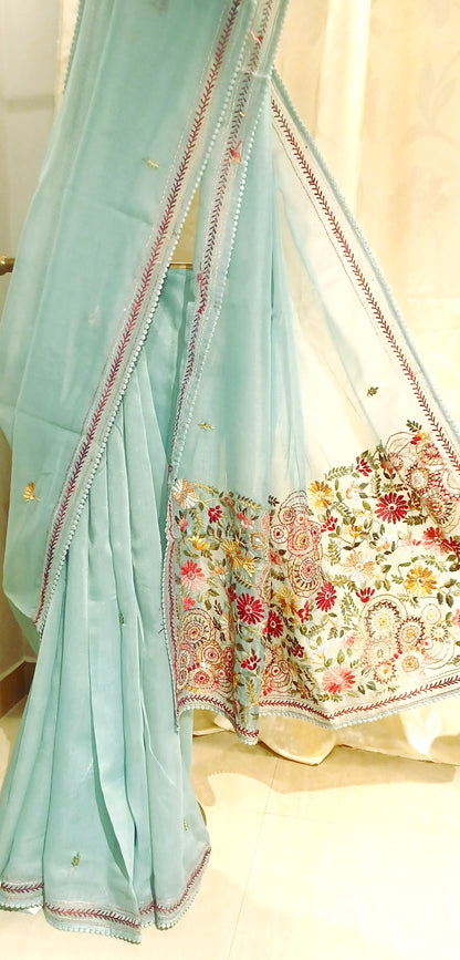 Mint blue Soft Tissue Chanderi Saree